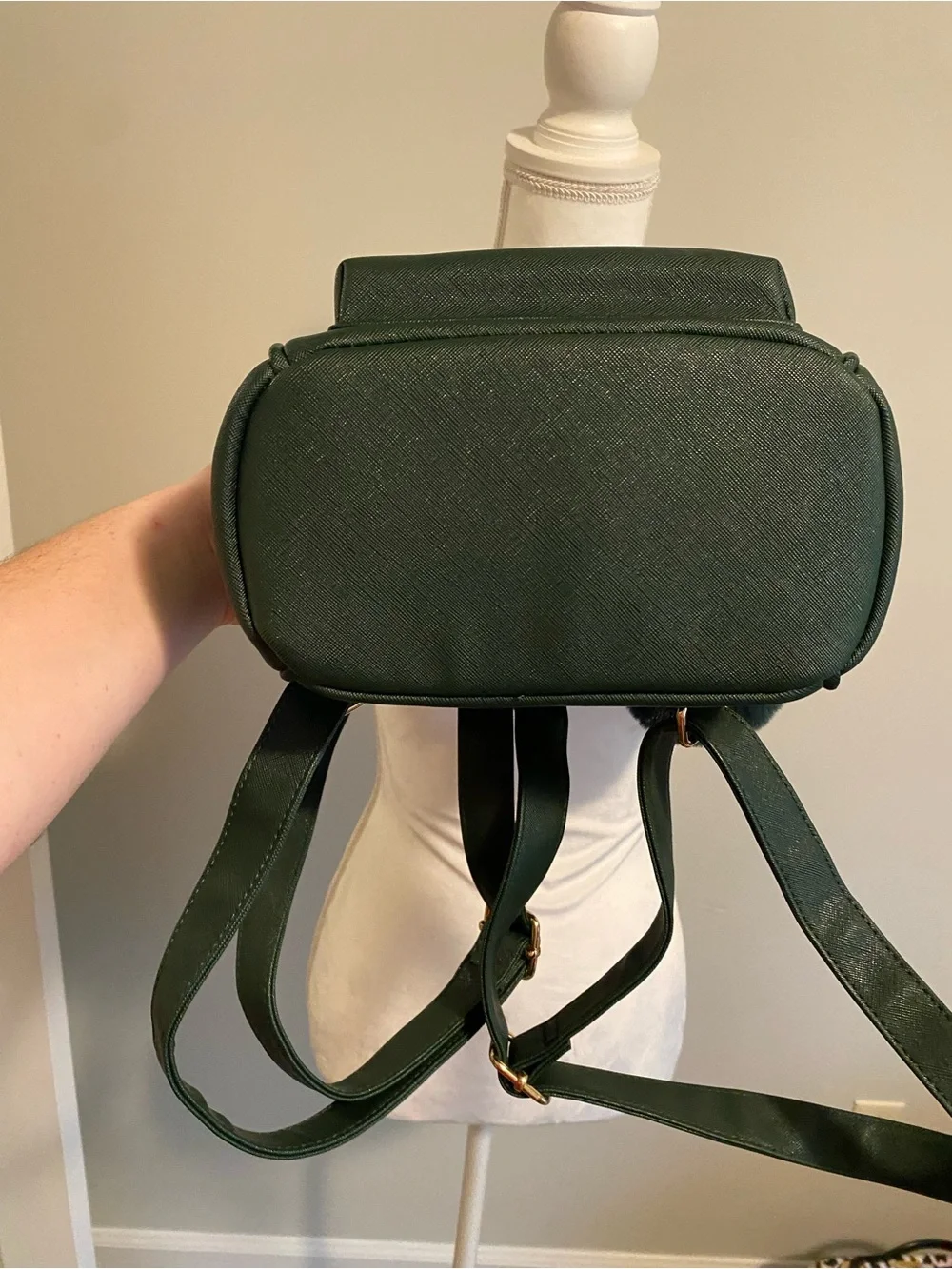 'Love' Embroidered Mini Backpack with Pom Accent in Dark Green